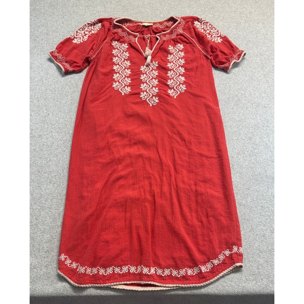 Laurel Embroidered Peasant Dress Womens 2 Red Cotton Boho Tassel Short Sleeve